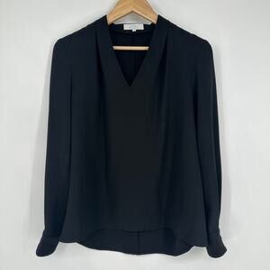 LELA ROSE Pearl Fluid Crepe V-Neck Blouse Long Sleeve Top, Black